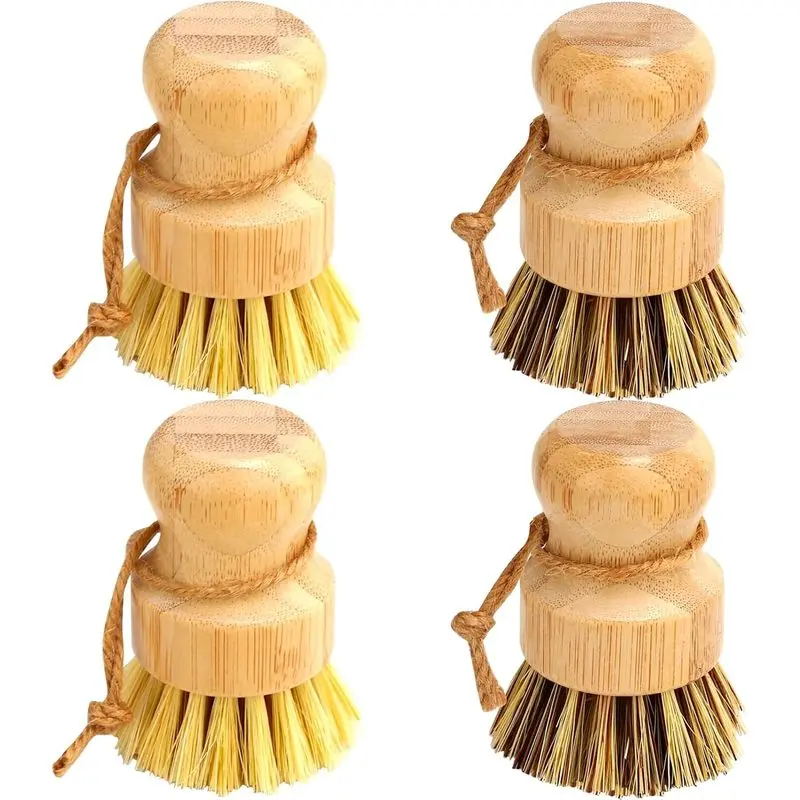 Bamboo Dish Brush Set, Natural Palm Fiber Wooden Scrub Brushes, Round Kitchen Brush for Cleaning Vegetables, Pots, Pans and Sink