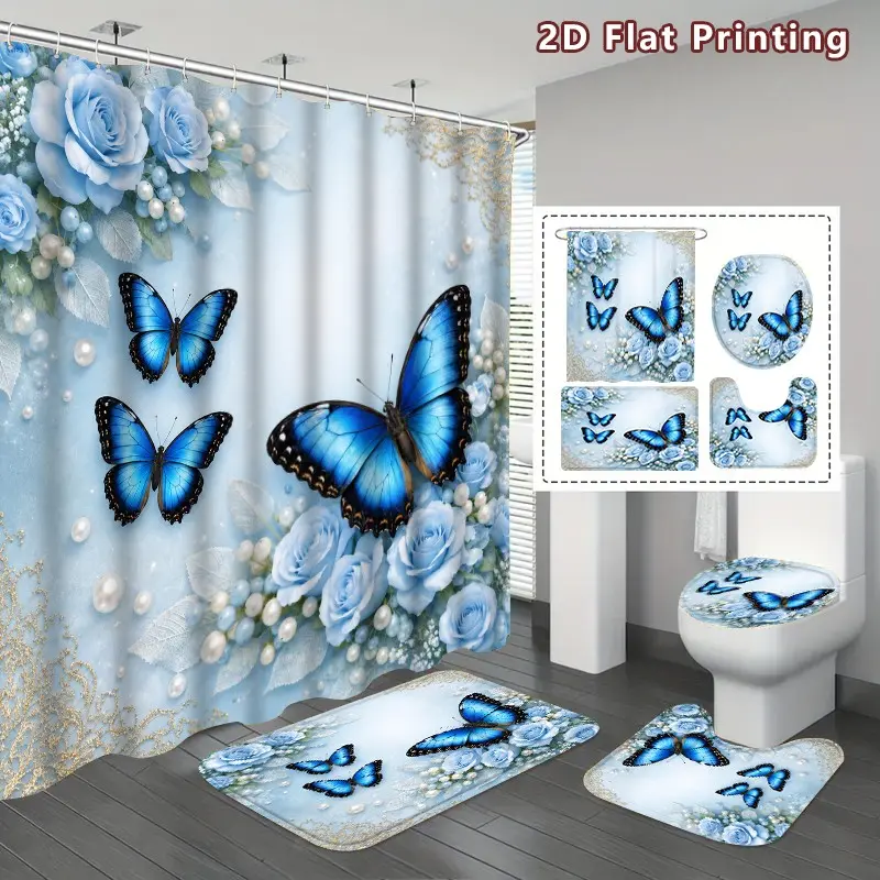 2D Flat 4PCS Blue Butterflies and Roses Shower Curtain set, Light Blue Floral Butterfly Pearl Pattern Bathroom Decor, Accessories with Bath Mat, U-shaped Mat, Toilet Lid Cover, Shower Curtain Includes hooks, Home Decor, bathroom accessories