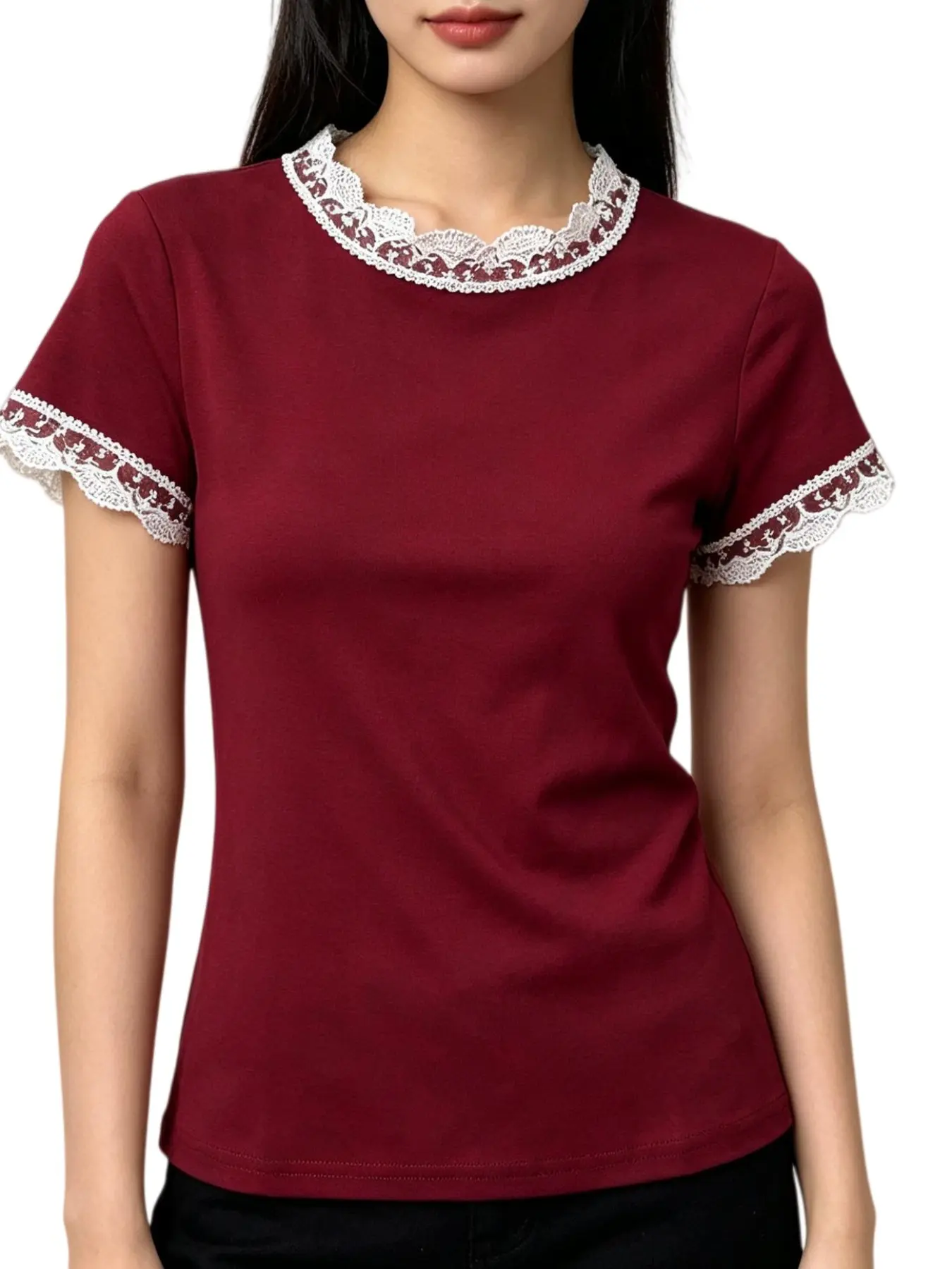Women's Lace Trim Round Neck Short Sleeve T-Shirt, Elegant Slim Fit Casual Top, Fashionable Daily Wear Undergarment for Girls