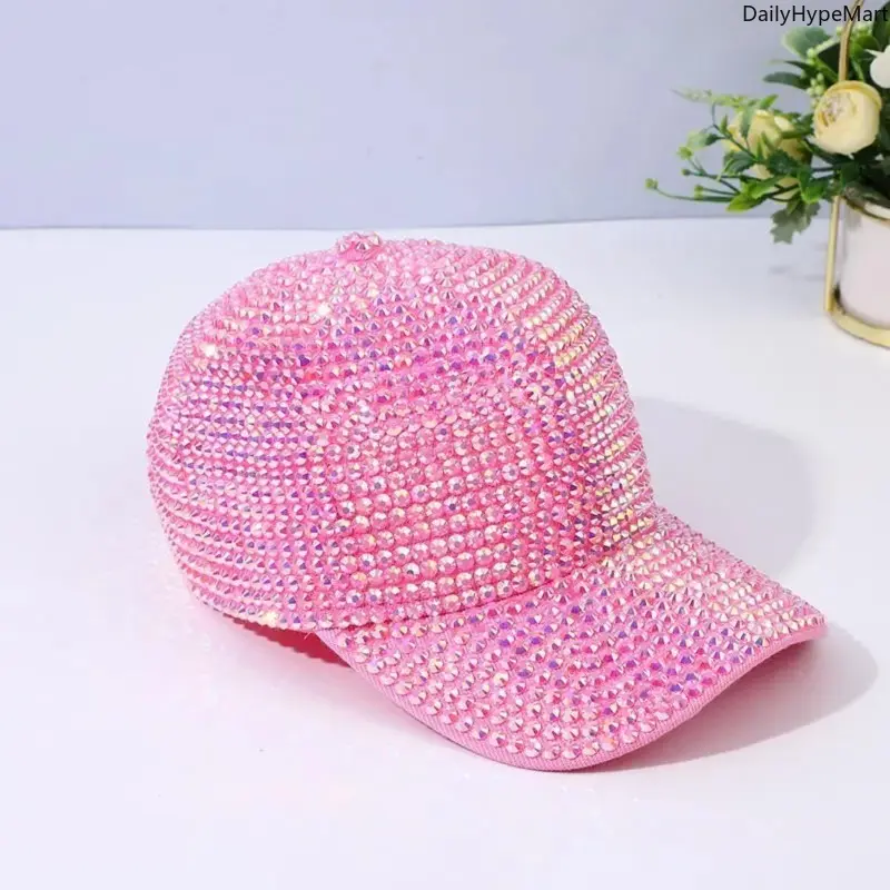 Sparkly Glitter Pink Rhinestone Baseball Cap - Glamorous Fashion Accessory for Engagement, Memorial Day, Anniversary Events