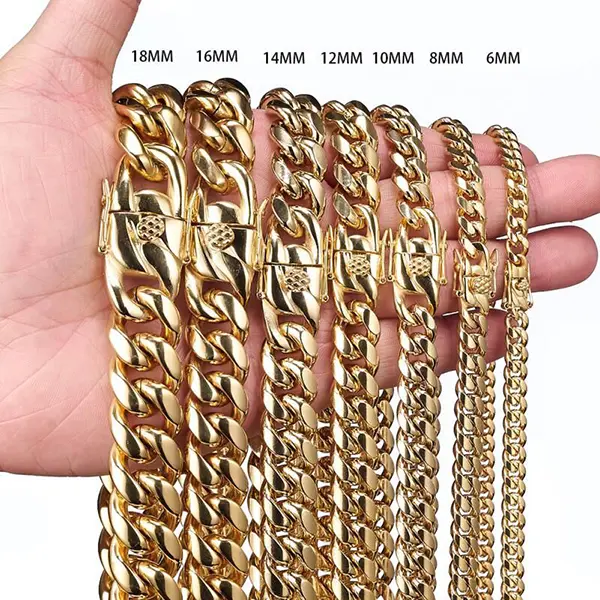Hip Hop Bling Gold Color Stainless Steel Round Cuban Miami Link Chain Necklace or Bracelet for Men Rapper Jewelry