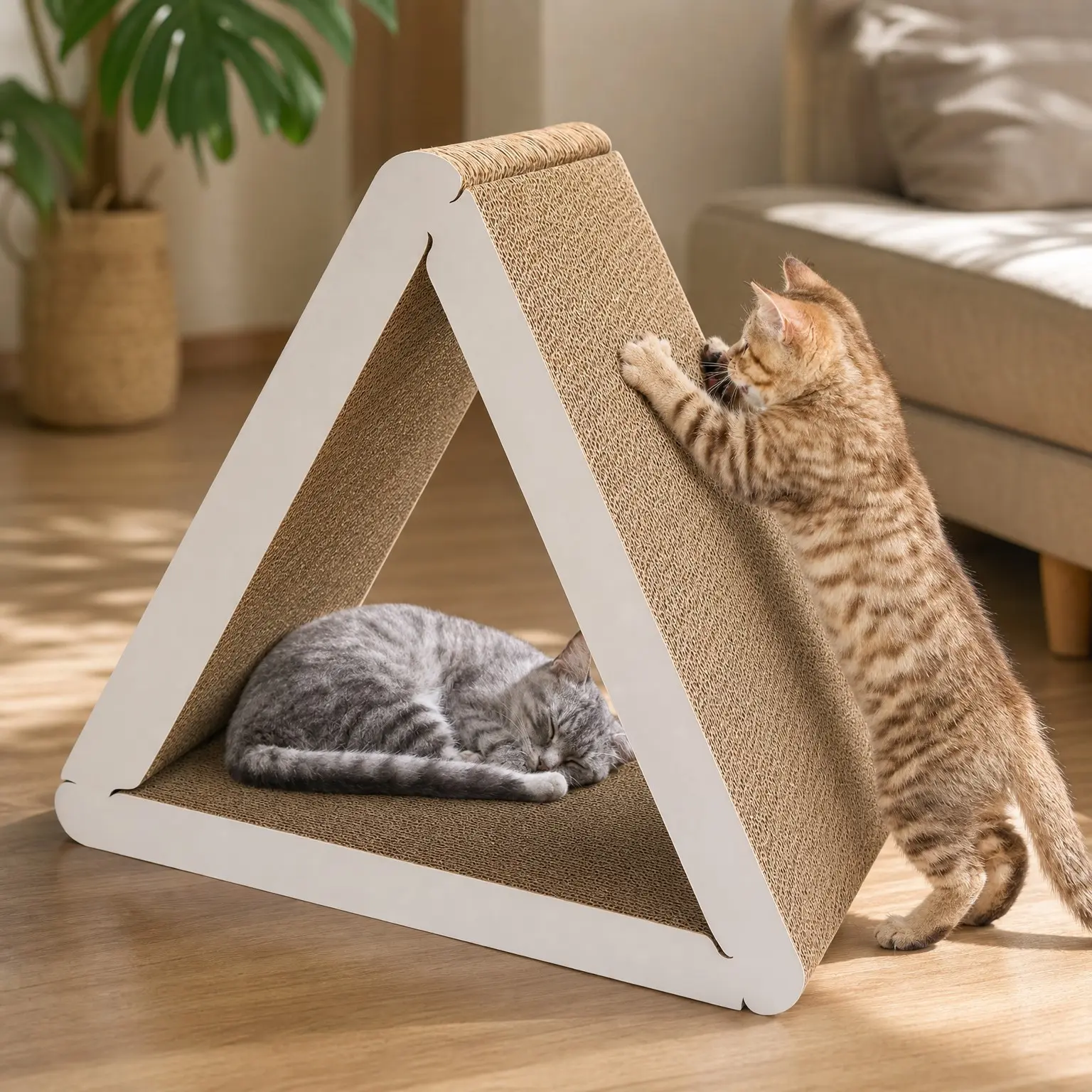 Foldable Triangle Cat Scratcher Board - 6 Sides Durable Recyclable Cardboard for Indoor Cats, Vertical Design Protects Sofa & Furniture, Easy Assembly, White (Pack of 3)Gift