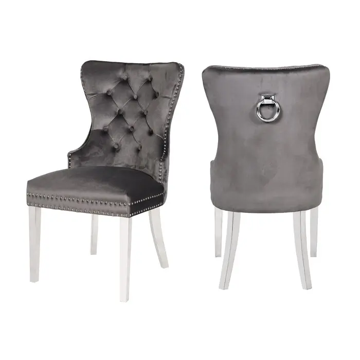 Nokaa 2-Pack Tufted Velvet Accent Dining Chairs with Stainless Steel Legs, Dark Gray, Solid Acacia Wood Frame, Button Tufted Back, Transitional Style, Set of 2, 20.87W x 25.59D x 39.37H in