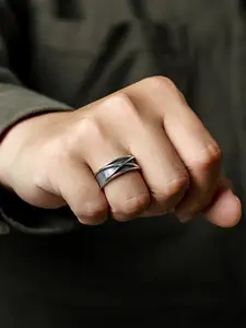 Vintage oxidized silver cross-shaped wide band ring, time-travel ring for men, frosted texture interwoven with a unique hip-hop industrial style, men's jewelry gift.