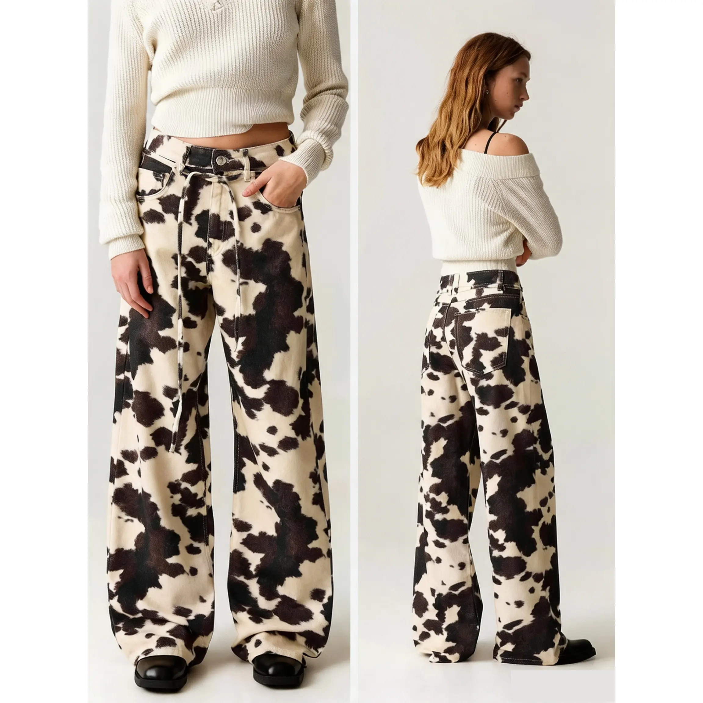 Vintage Washed Cow Print Baggy Jeans for Women| Distressed Loose Straight-Leg Denim Pants| American Retro Streetwear Trousers