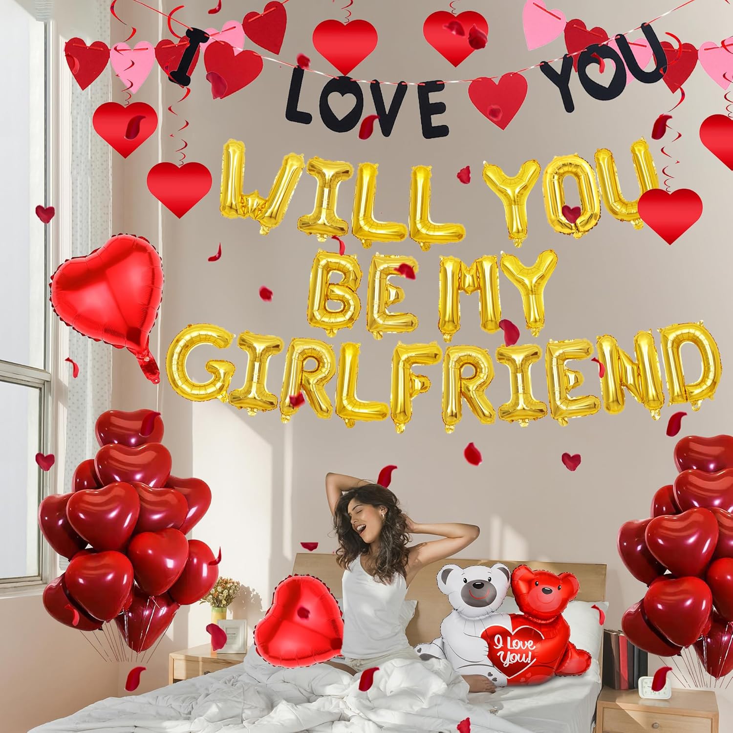 Valentine’s Day Decoration Balloon Kit - 16 Synthetic Foil Mylar Alphabet Letters, 18 Rubber Heart-Shaped Pieces, 2 Heart Hollow Foil Balloons, 1 "Will You Be My Girlfriend" Banner, Love Bear Hollow Wall Accessory for Birthday
