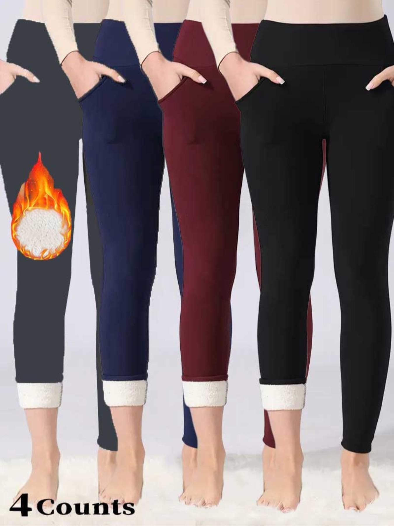 Women's Solid High-Waisted Thermal Lined Sports Leggings, Casual Comfy Warm Skinny Pants with Pocket for Yoga, Workout and Running, Ladies Sportswear for Fall & Winter
