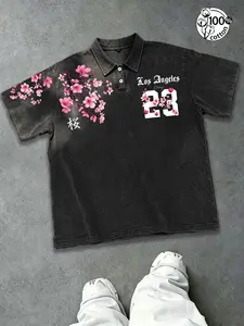 Y2K Style Unisex Polo Shirt, 100% Pure Cotton Los Angeles "Sakura 23" Graphic — 240g Heavyweight Washed Cotton Short-Sleeve Polo T-Shirt Short Sleeve,Suit Streetwear, Couples Fashion, Men's Gift