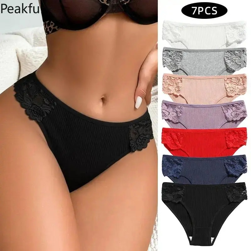 7-Pack Ribbed Cotton Panties for Women, Low Rise High Cut Briefs with Floral Lace Trim, Soft Breathable Stretchy Lingerie Set, Daily Comfort Essentials