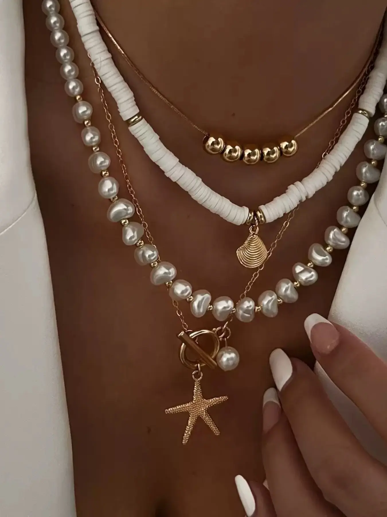 Boho Style Beach Dangling Charms Necklace, Faux Pearl Starfish & Shell Decor, Trendy All-Match Fashion Jewelry, Perfect for Daily Wear, Parties, Gifts
