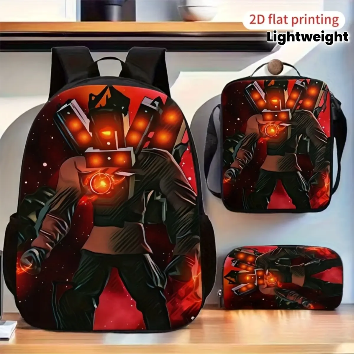 Skibidi Print Backpack 3pcs Set, Including a Large-capacity Backpack, a Pencil Case, and a Zippered Lunch Bag with Adjustable Shoulder Straps. Lightweight Travel Backpack, for Teenager