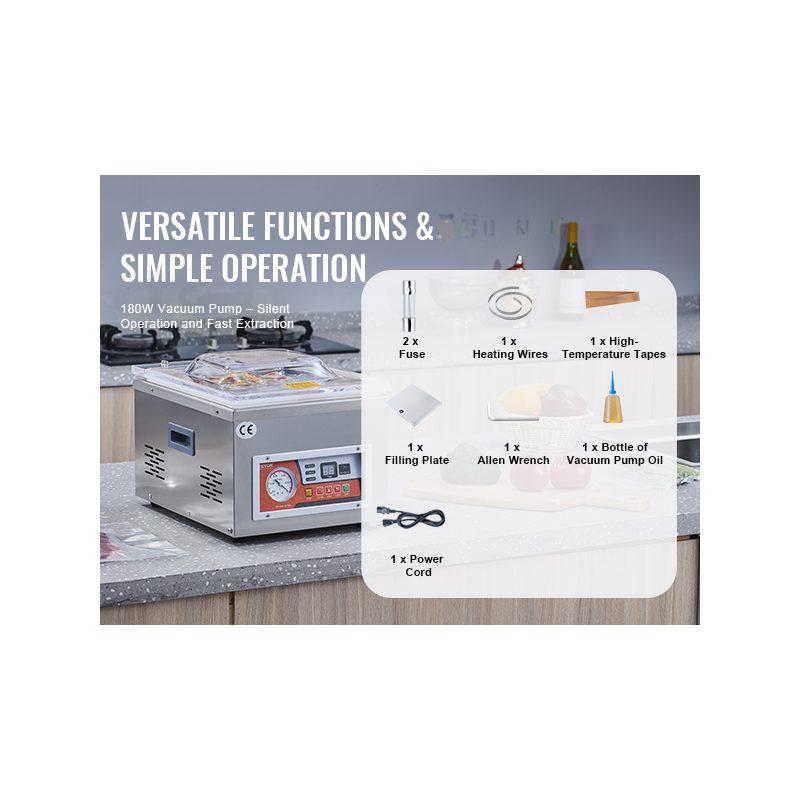 VEVOR Chamber Vacuum Sealer, 260W Sealing Power, Vacuum Packing Machine for Wet Foods, Meats, Marinades and More, Compact Size with 10.2 in Sealing Length, Applied in Home Kitchen and Commercial Use