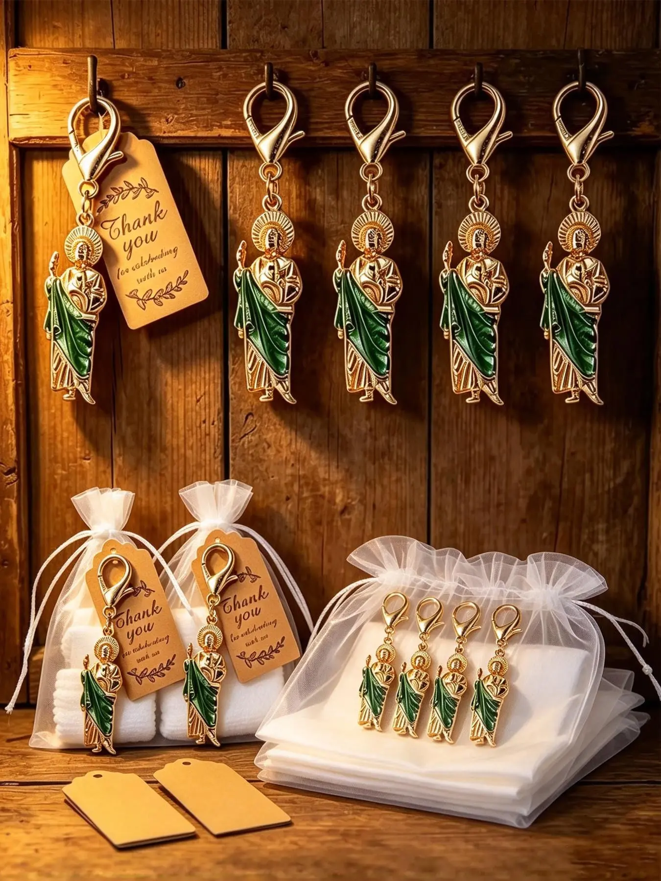 【Biack Friday】10 Sets St. Jude Pendant Keychains, Keychain Gift Pack with Drawstring Bags and Thank You Card, St. Jude Religious Gift for Baptism, Party and Religious Activities, Halloween Goodie Bags and Holiday Gifts