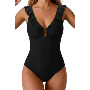 Women's One Piece Swimsuit Tummy Control Ruffle V Neck Bathing Suit Sexy Ring Detail Keyhole Cutout Swimwear  SwimWeek  summervibes