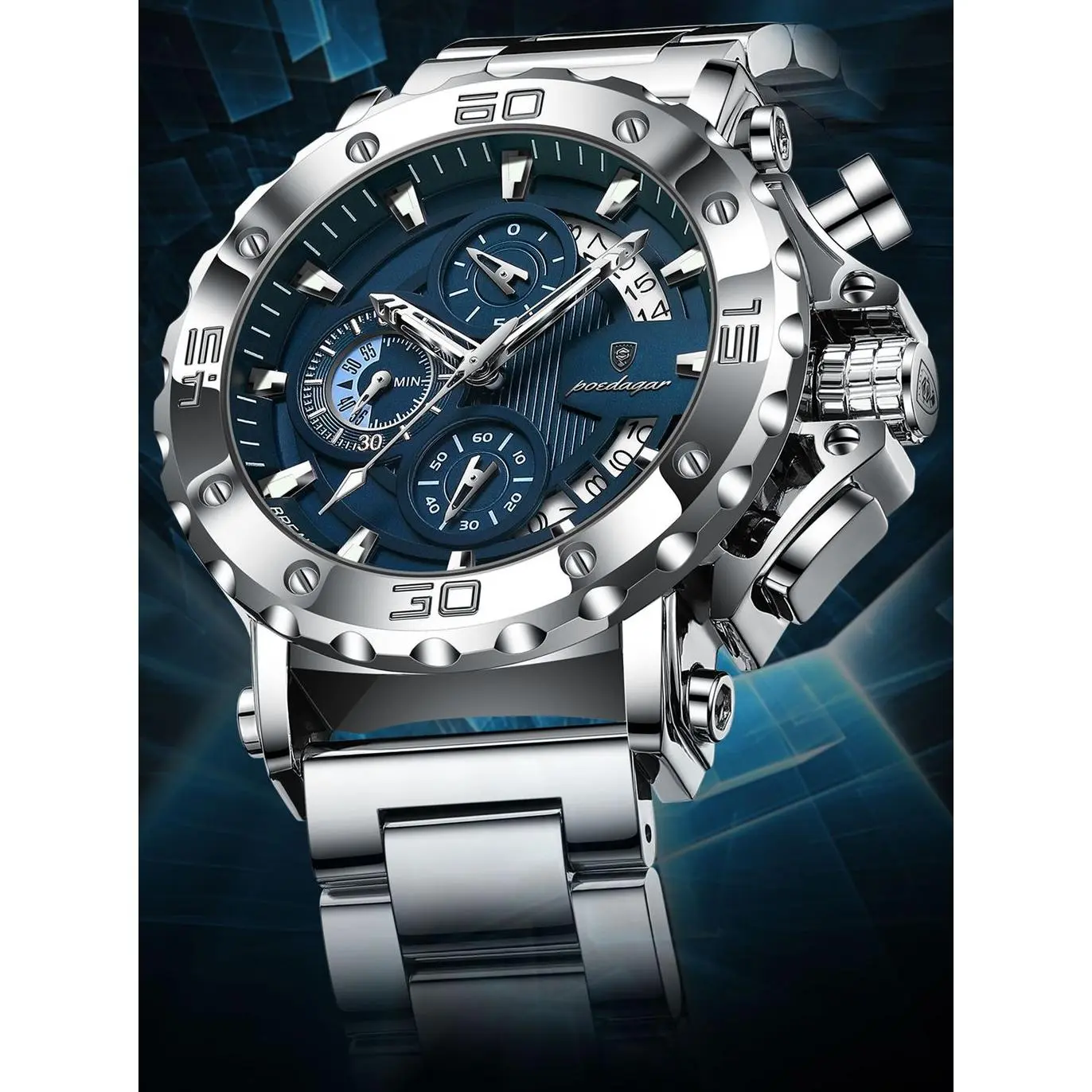 Male Multifunction Chronograph Quartz Watch for Daily Wear, All Seasons, 46mm, Luminous Tachymeter, 30M Water Resistant, Stainless Steel Strap Onion Crown