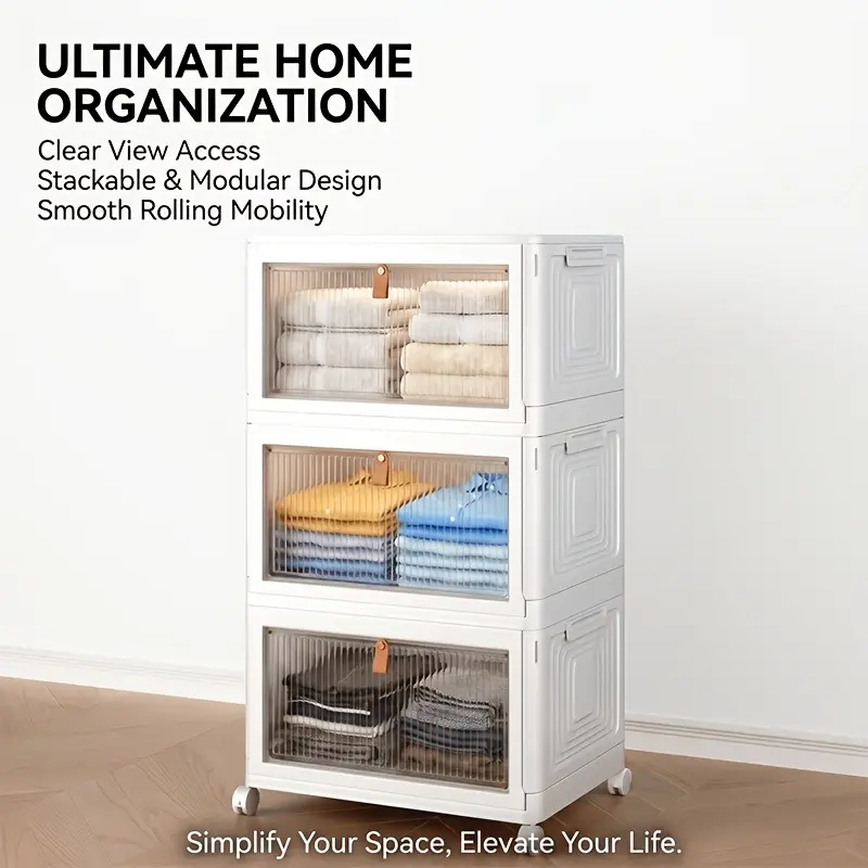 3-Tier Plastic Storage Bins Organizer - 35x25x22cm Stackable, Foldable Containers with Lids for Bedroom, Office