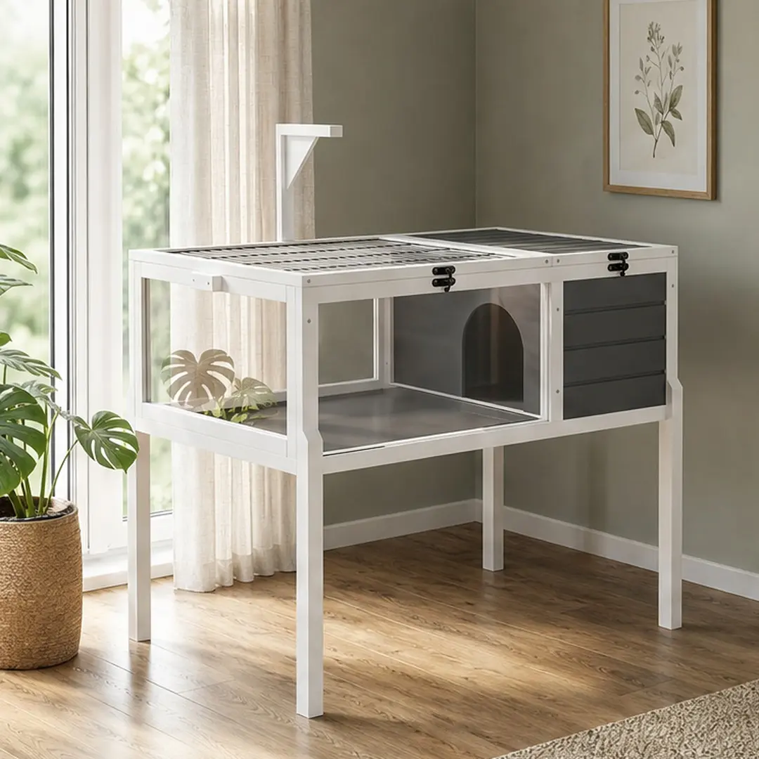 ARCH Wood Reptile Habitat - Solid Wood Tortoise/Lizard Enclosure with Built-in Lamp Holder for Heat Support, 25.4in W x 39.5in D x 39.8in H, 2 Waterproof Trays, Detachable Legs, Large Observation Window, Easy Cleanup, 18.1lb Gray Indoor & Outdoor Home, To