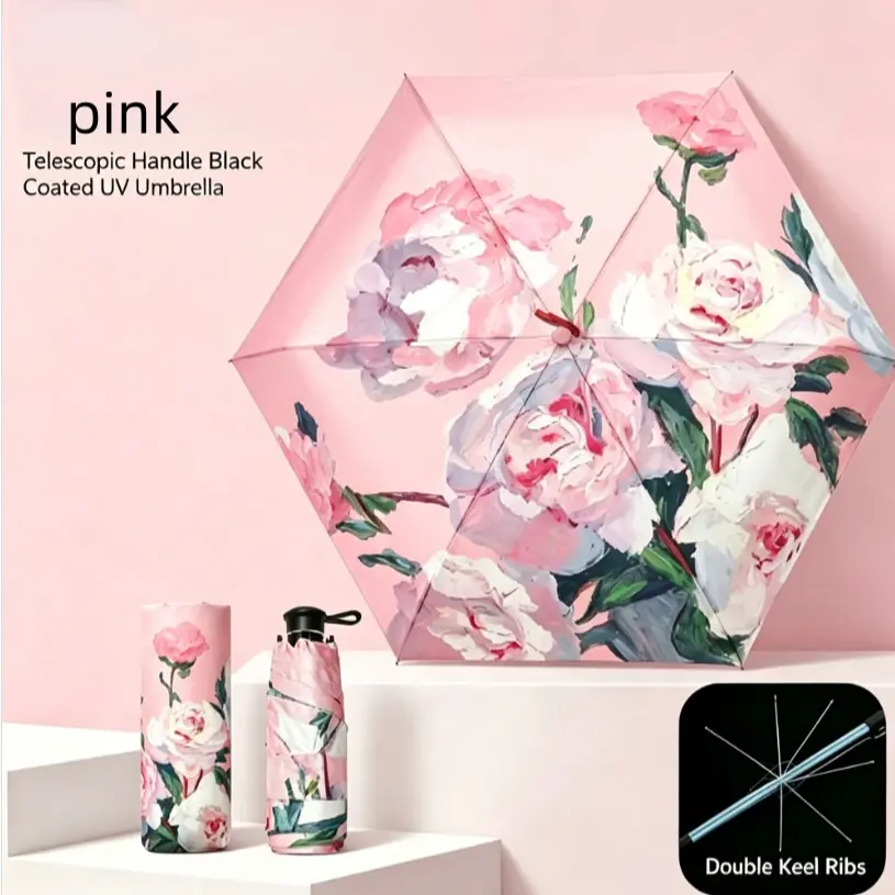 Creative Oil Painting Folding Umbrella, Five-Fold Capsule Sunshade, Portable Rain & Sun Protection, Handheld Design, Ideal for All Seasons