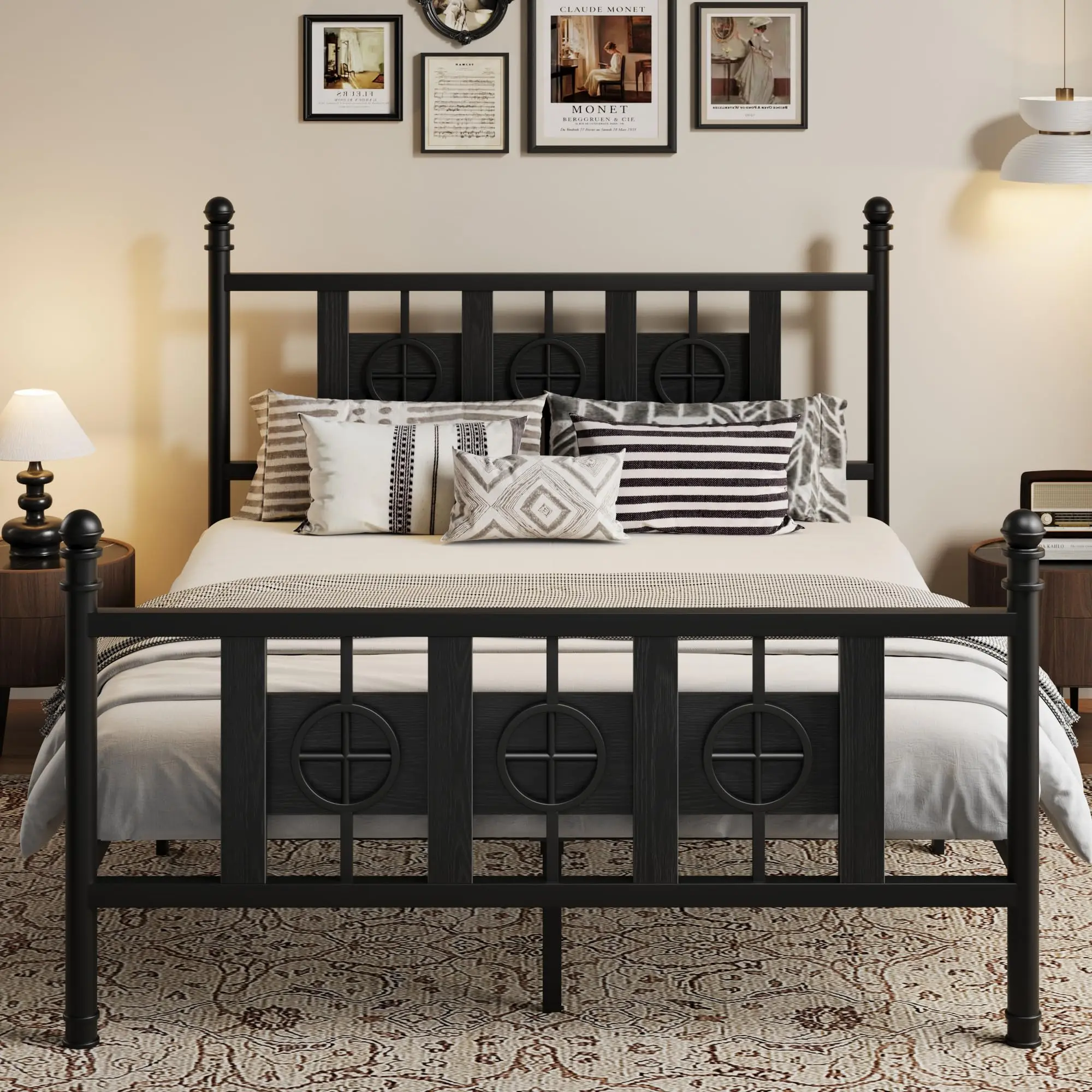 Hosslly Circular Flame Design Metal Platform Bed Frame with Headboard & Footboard - Heavy-Duty Steel Slats, Under-Bed Storage Organization, Noise-Free, Tool-Free Assembly - Twin, Full, Queen, King Sizes - Vintage Indoor Furniture