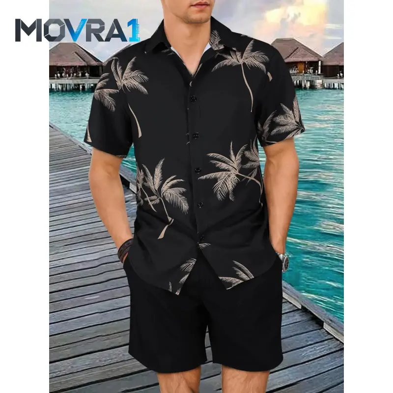 MOVRA1 Men's Tropical Plants Print Shirt & Shorts Two-Piece Set, Casual Outfit Set Short Sleeve Button Top & Shorts Set, Men's Clothing Set Beach Vacation, Menswear