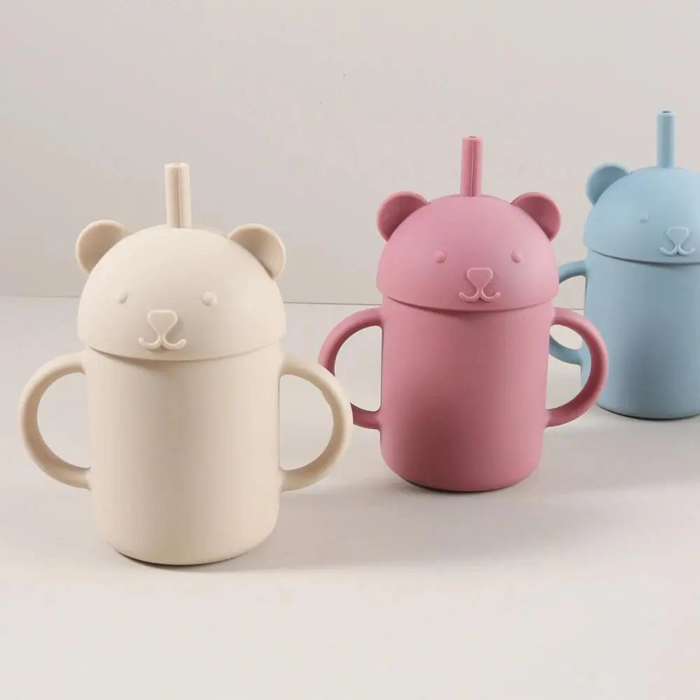 Cute Bear Shape Straw Cup, 250ML Stainless Steel Liner, Double-Walled Silicone Tumbler with Lid for Kids, Toddler Drinking Cup