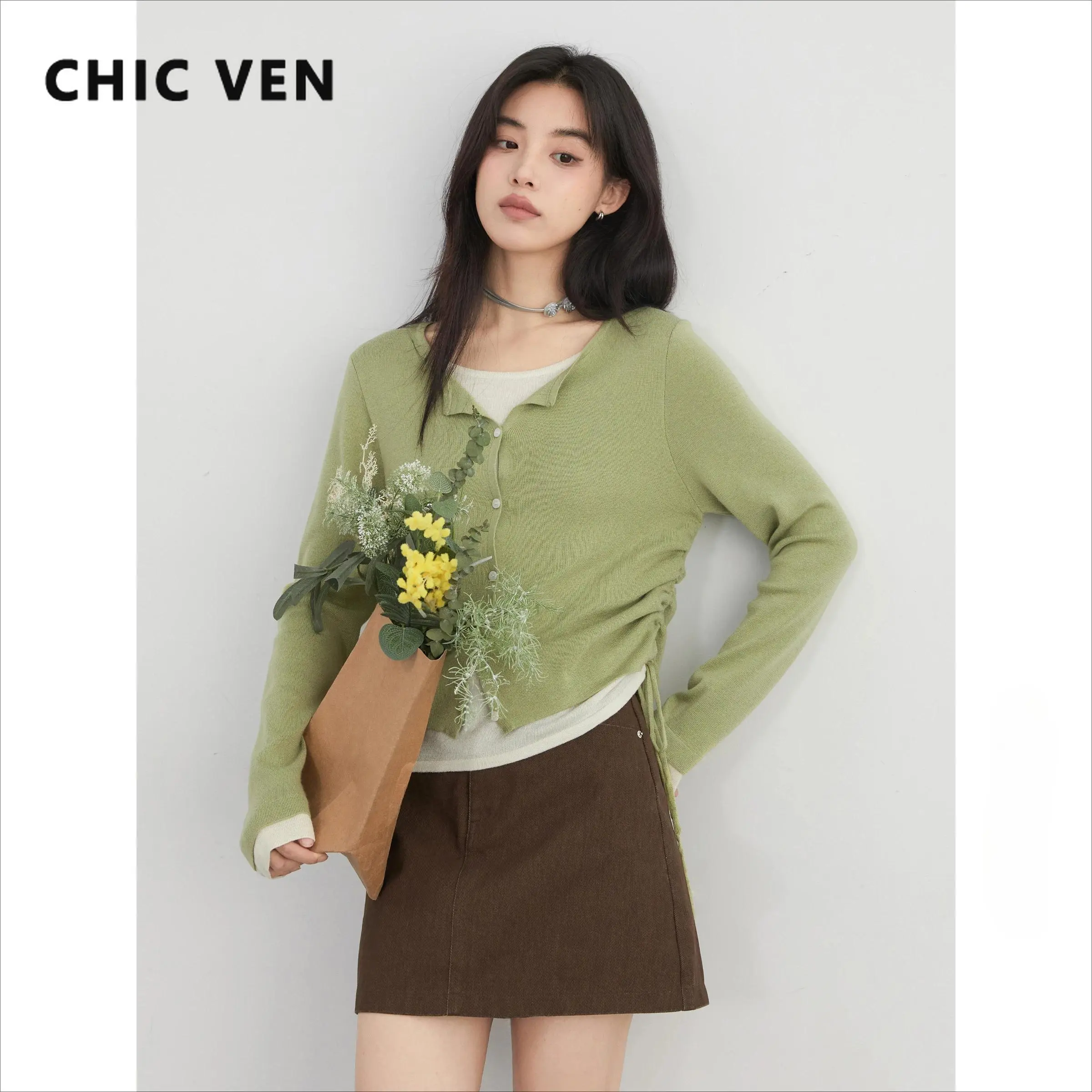 CHIC VEN New Korean Women Sweaters Slim Pullover Design Female Top O Neck Drawstring Waist Knitted Jumpers Spring Summer 2025