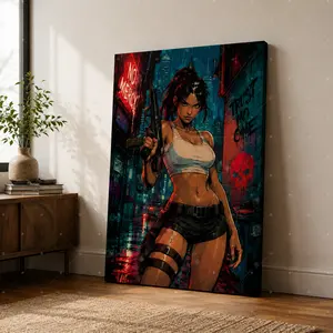Cyberpunk Warrior Woman Canvas Wall Art, Neon Futuristic Action Poster for Living Room Bedroom Gaming Room Office Studio Decor, Available as Unframed Canvas Poster or Framed Canvas Wrap