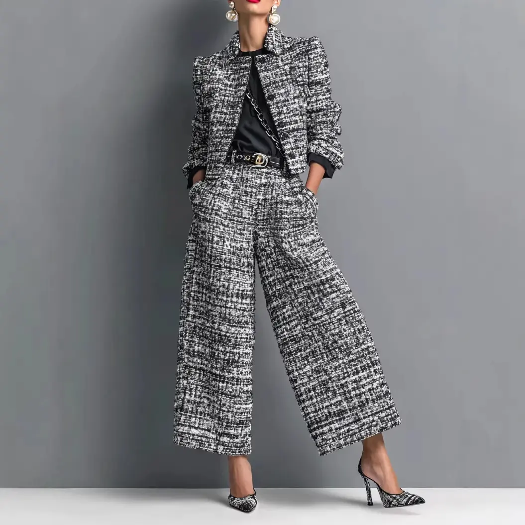 Women's 2-Piece Tweed Plaid Suit - Lapel Long-Sleeve Cropped Blazer, Wide-Leg Pants Set, Elegant 2026 Office Business Womenswear Outfit, Black