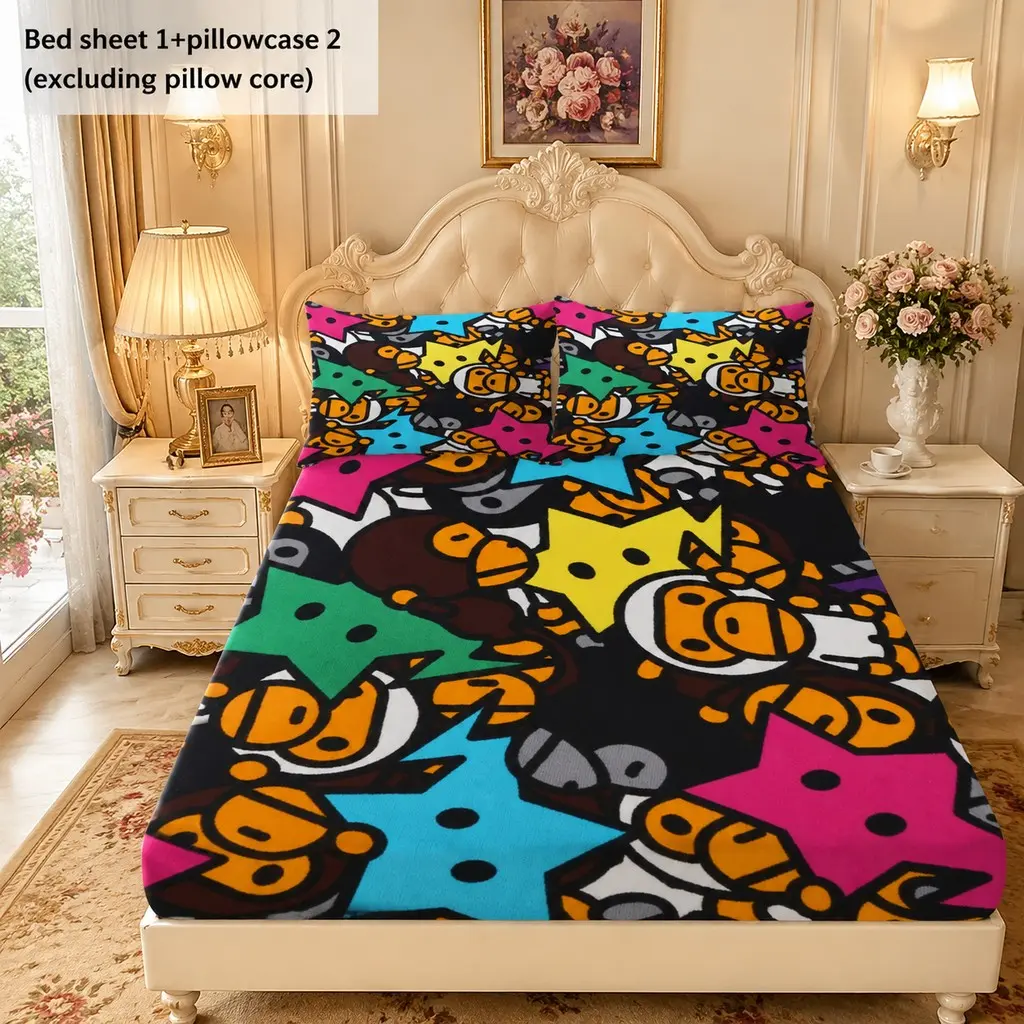 Trendy Play Graffiti Cartoon Star Bed Sheet 3-piece Set 1 Bed Sheet+2 Pillowcases All inclusive Non slip Mattress Protective Cover Home Dormitory Bedding Set without Pillow Core