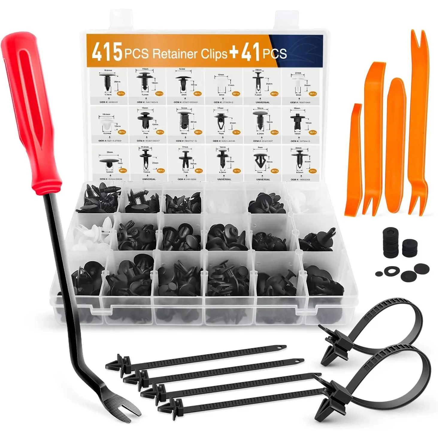 GOOACC 415 Pieces Car Retainer Clips & Plastic Fasteners Kit (Model: GRC-19) - 18 Most Popular Sizes, 5Pcs Fastener Remover, 6Pcs Reusable Cable Ties, 30 Pieces of Sponge Cushion for Door Trim Soundproofing