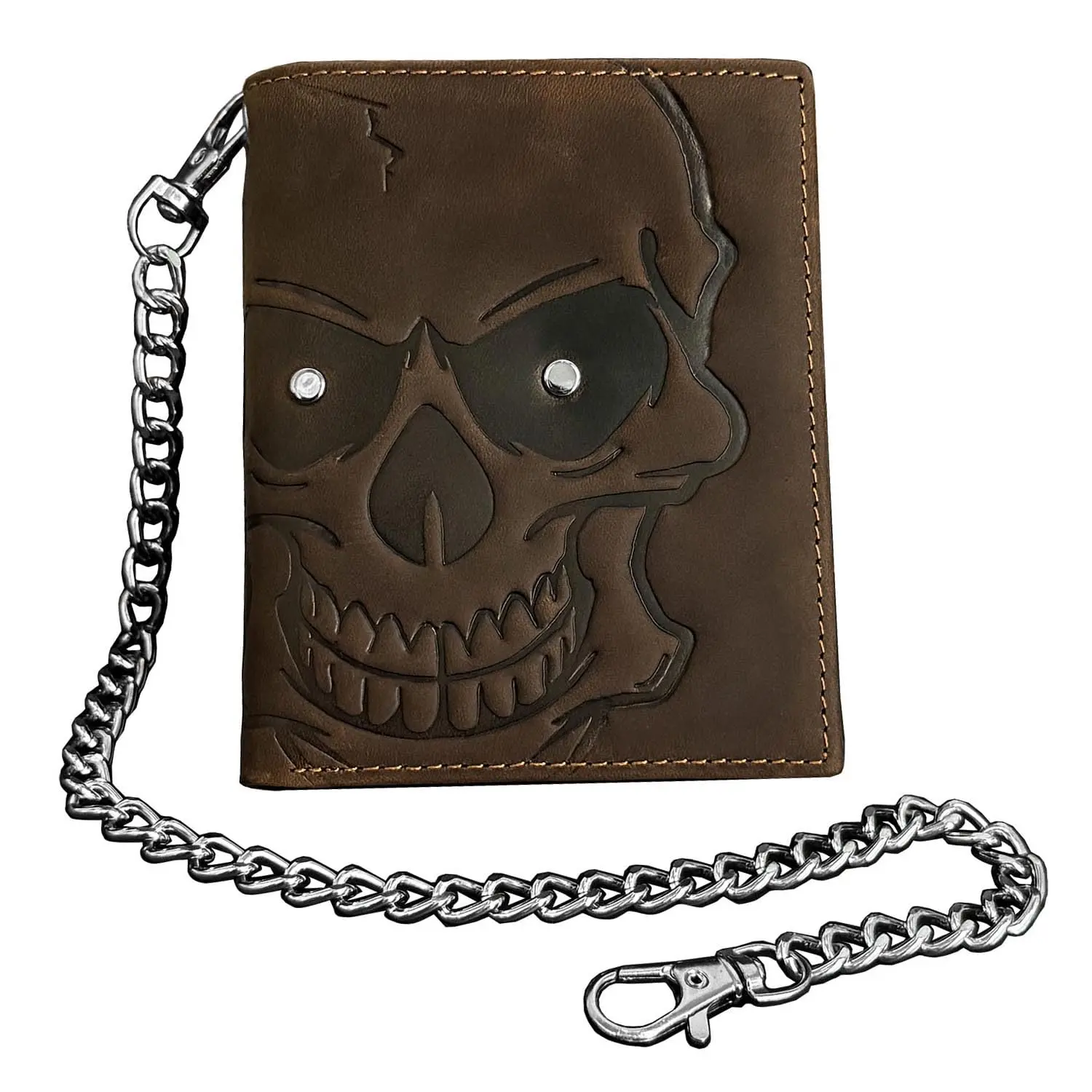 Genuine Leather Retro Skull Slim Card Wallet for Men, Casual Bifold Anti-Theft Flap Card Holder, Minimalist Multi-Compartment Front Pocket Purse With Chain