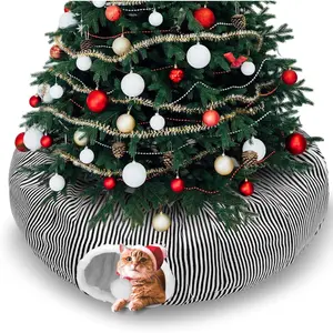 Tunnel Bed Under Christmas Tree 3ft x 3ft x 9.8in Detachable Donut Tunnel Sandworm 3-in-1 Indoor Cats Cave for Kitty  Ferret Puppy(Striped Black)