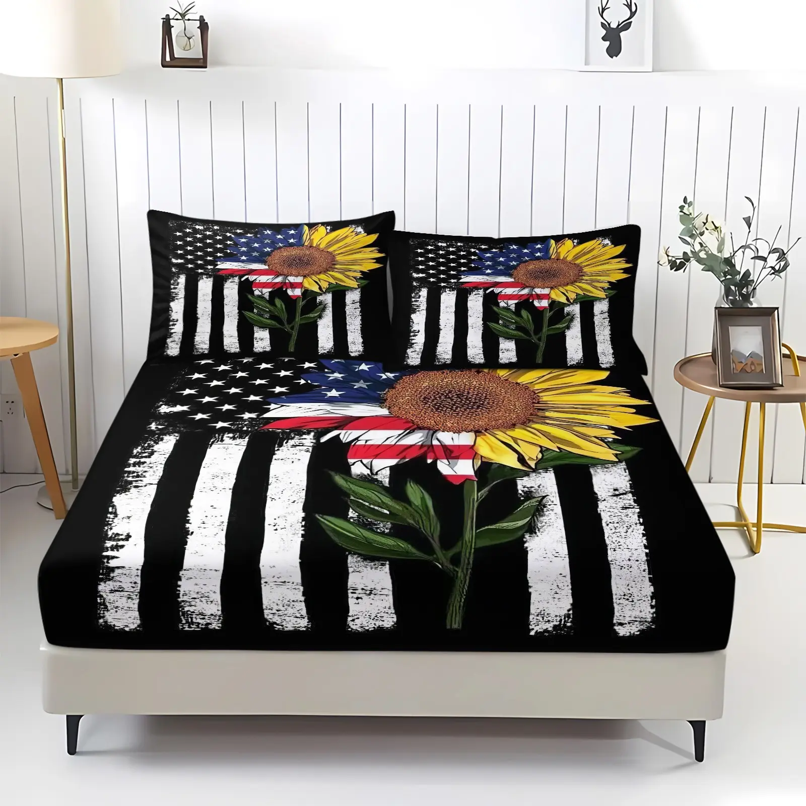 3Pcs Flag Sunflower Pattern Fitted Sheet Set, Digital Print Bedding Set, Soft Breathable Fabric, All Season, Perfect Bedroom Home Decor, Ideal Gift Sunflower Lovers. 2 Pillowcase, No Filling