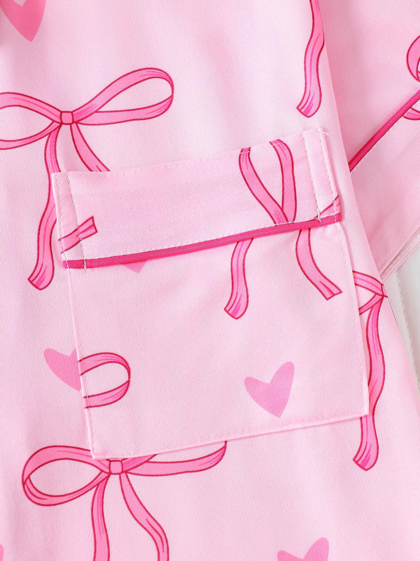 Women's Bow Print Short Sleeve Tee & Shorts Pyjama Set, Elegant Comfy Button Up Top & Elastic Waist Shorts Set, Ladies Sleepwear for All Seasons, Loungewear, Matching Pj Set, Womenswear, Pajama Set, Casual Comfy Pajama, Summer Sleepwear