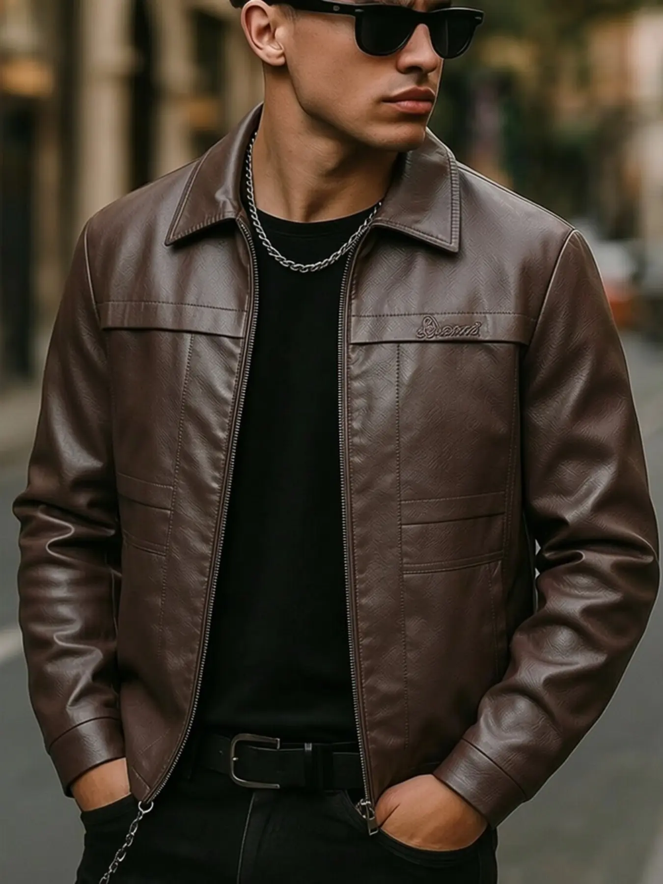 Men's Slim Fit Vintage Casual Motorcycle Jacket, Classic Notch Lapel Outerwear, Artificial Leather Jacket, Retro Style