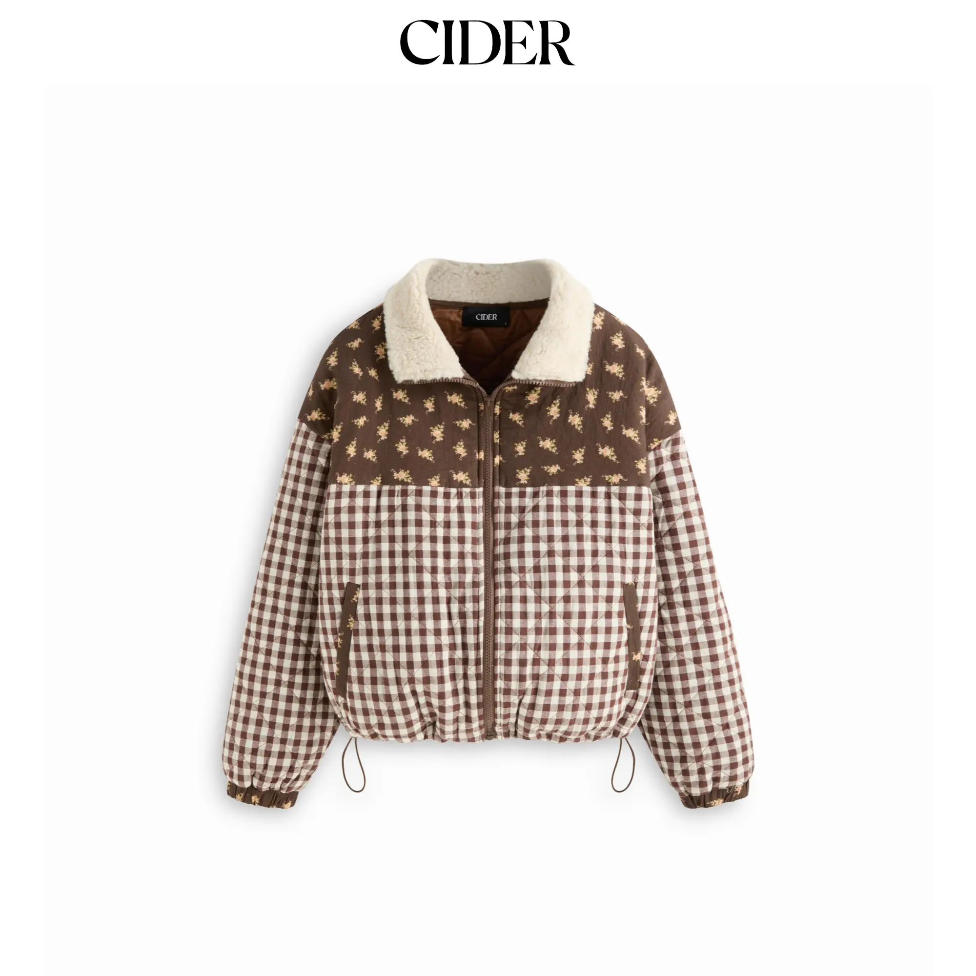 Cider Cotton Funnel Neck Gingham & Ditsy Floral Patched Oversized Jacket SummerFinds
