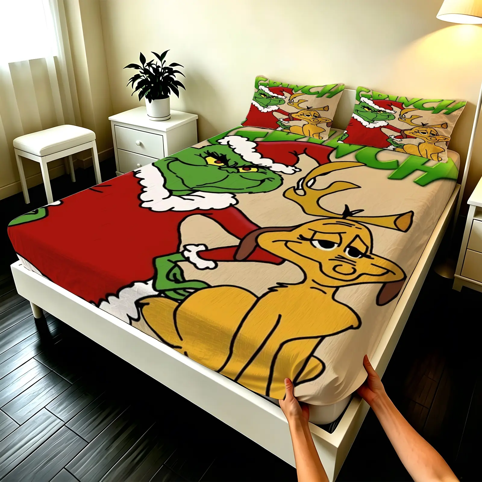 3pcs Fitted sheet Grinch Christmas Themed Soft Microfiber Bedding Set, Wrinkle Resistant, Fade Proof, Breathable and Comfortable, Fit for Twin Full Queen King Size, Perfect for Bedroom Home Christmas Holiday Decor