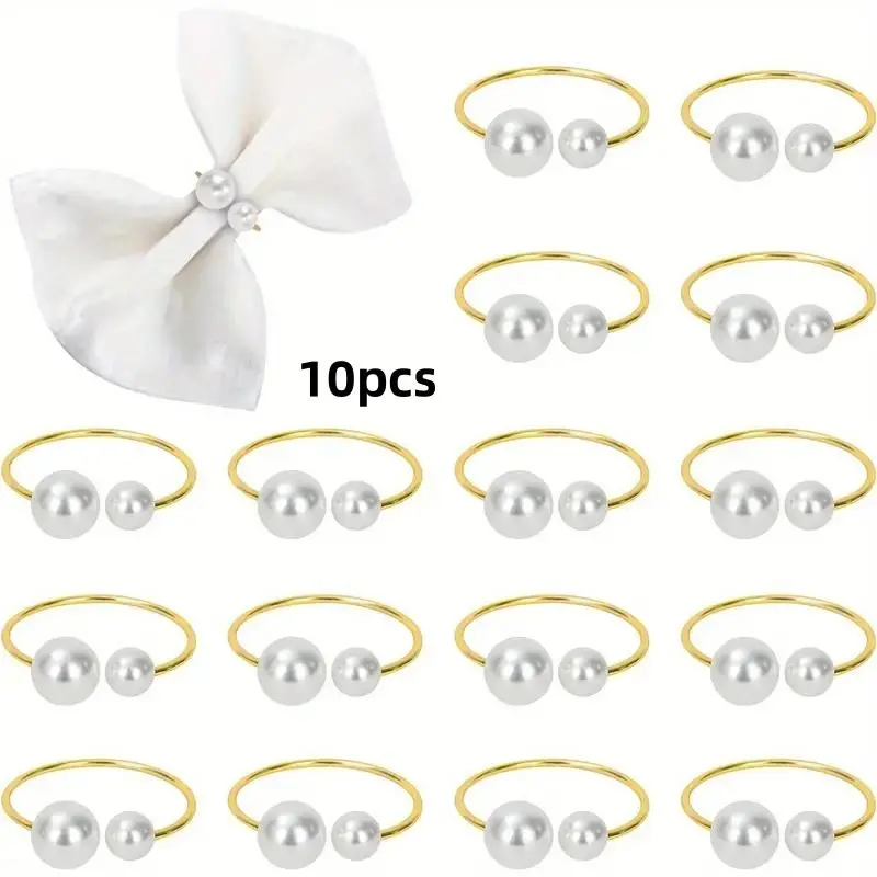 10pcs Pearl and Gold Napkin Rings - Shining Kitchen and Table Accessories, Suitable for Holiday Occasions