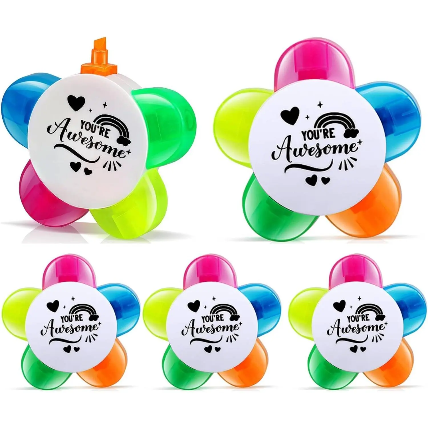 5 count Inspirational Petals Highlighters, Flower Shape Highlighter Pens 5 in 1  Colors Fluorescent Pens Affirmation Gifts for School Office Stationery Supplies (5)