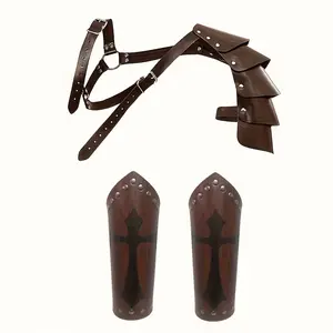 3pc Viking Medieval Renaissance PU Leather Shoulder Armor Set, Adjustable Chest Strap, Halloween Costume Accessories for Men and Women
