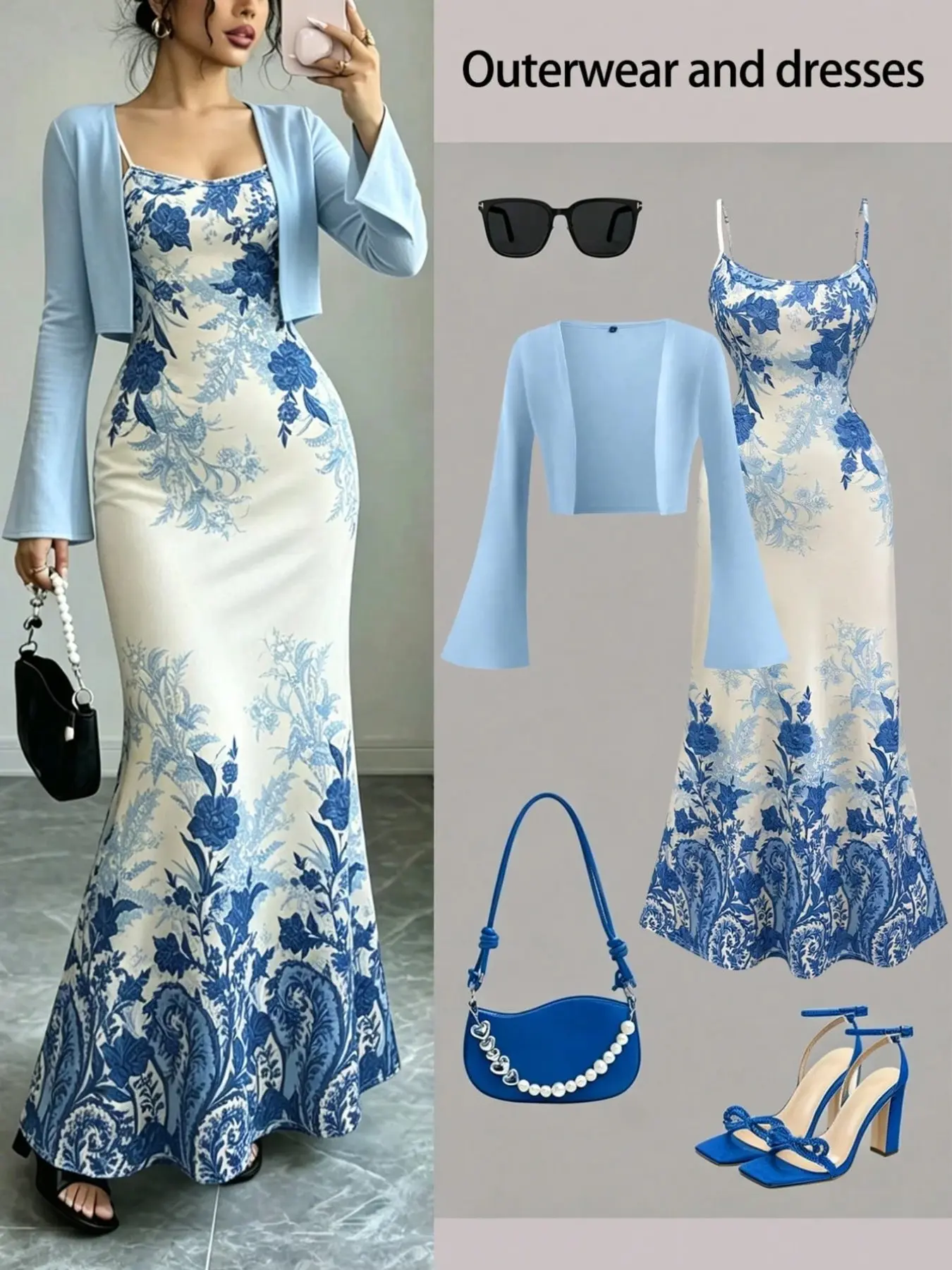 Women's Two-Piece Set, Bell Sleeve Short Cardigan + Floral Halter Fish Tail Long Dress, Elegant Fitted Gown, Wedding Guest, Vacation Wear