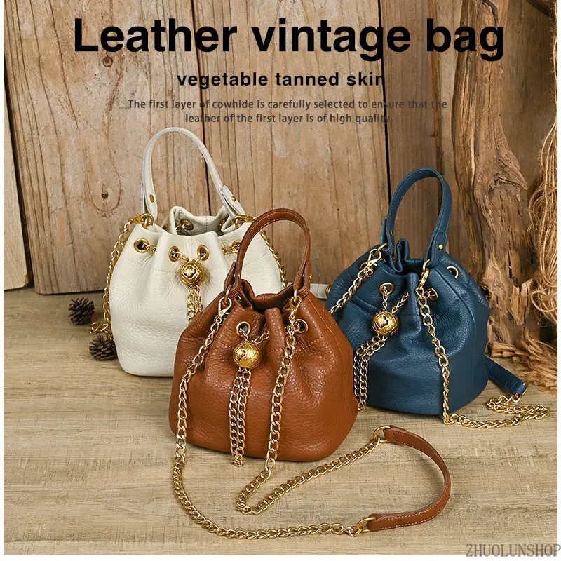 Soft Genuine Top Grain Cowhide Bucket Bag for Women, All-Match All Season Leather Tote Purse, Multi-Way Shoulder & Hand Carry Sweet Lady Daily Handbag