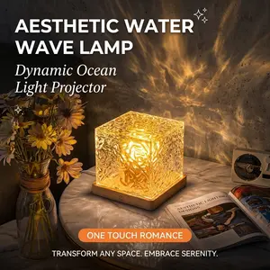 Water Ripple Atmosphere Lamp, Small Night Light, Bedroom Bedside Flame Romantic Lamp, Dynamic Square Desk Lamp, Plug-In with Remote Control
