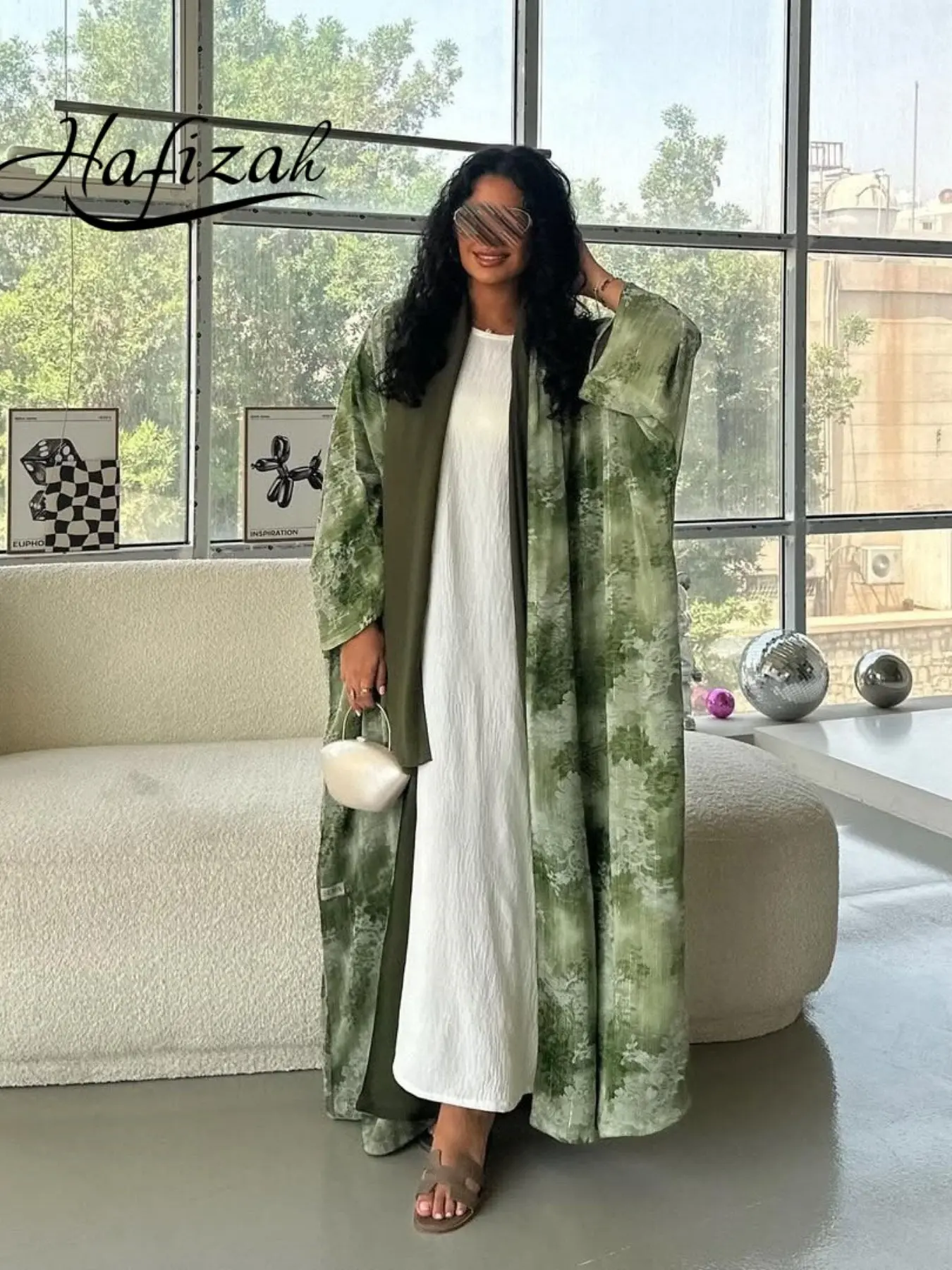 Hafizah Women’s 2-Piece Olive Floral Abaya Set, Wide Sleeve Loose Fit Maxi Kimono Robe, Dubai Style Islamic Clothing for Ramadan Eid