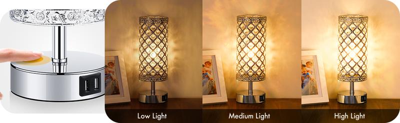 Touch Control Crystal Table Lamp Set of 2 Bedside Nightstand Lamps with 2 USB Charging Ports, 3-Way Dimmable, K9 Crystal Decorative Desk Lamp for Bedroom, Girls Guest Room, Living Room, Bulbs Included