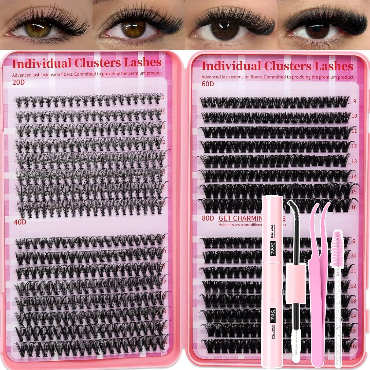 Pupilpop Lash Clusters Kit for Beginners Eyelash Clusters Kit Lashes Clusters Kit Cluster Lashes Pestañas Postizas Naturales with Lash Bond&Seal,Lash Tweezers,Brush (20D+40D+60D+80D Kit,9-16mm) Eyelash Extensions