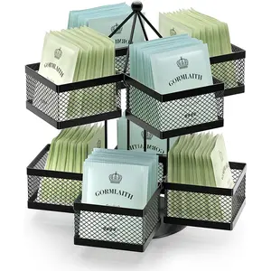 Tea Bag Organizer Spinning Carousel 96 Teabags Container Storage Holder Lazy Susan Coffee Creamer Sweetener Tea Caddy for Kitchen Counter Cabinet Pantry Shelf Organizer