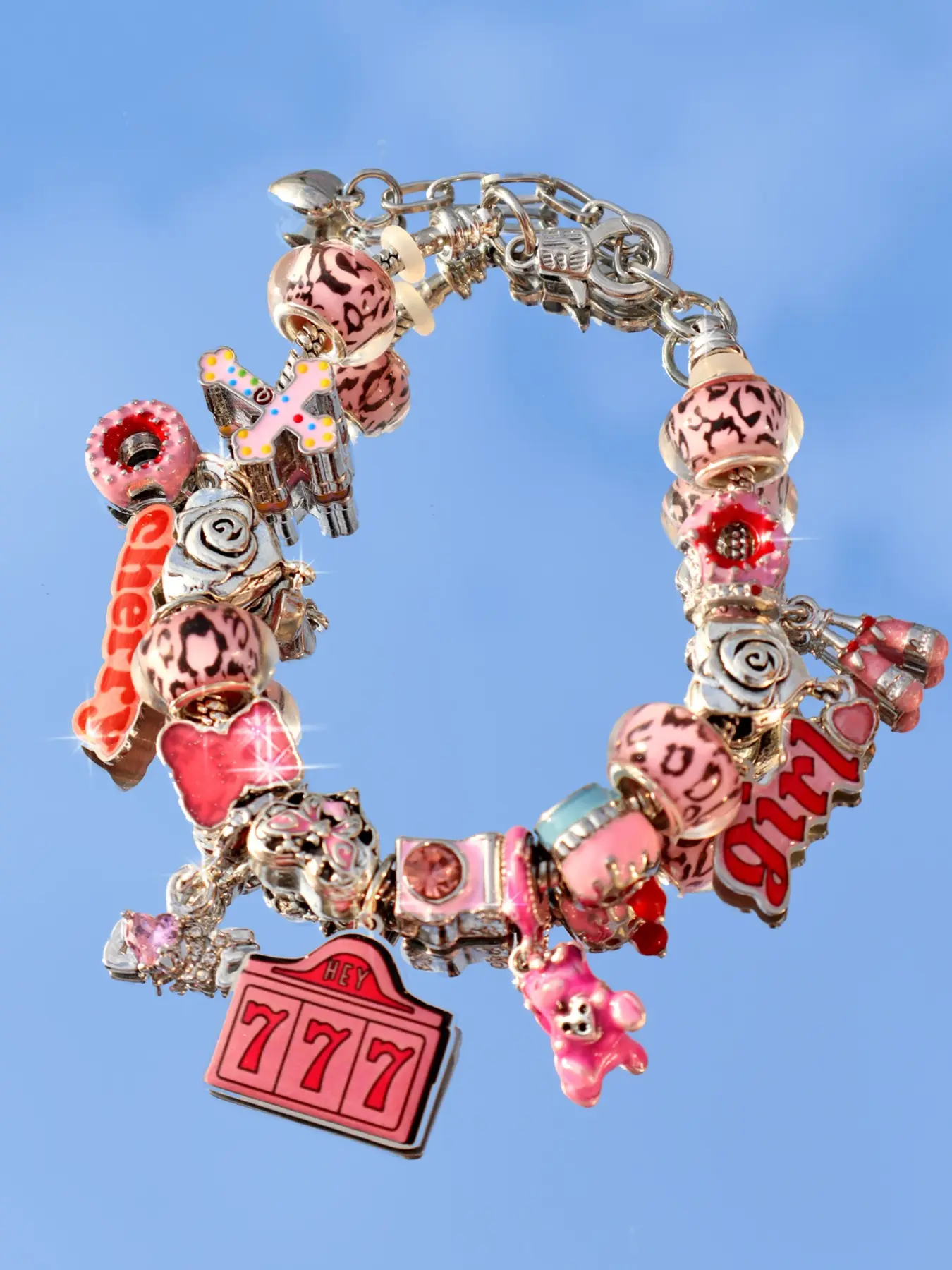 Y2K Style Multi-Pendant Charm Bracelet, Lucky Number 777 Gaming Tag, Cherry Slogan Tag, Cute Bear Cake Cross Beads, DIY Bracelet, Bracelet With Charms
