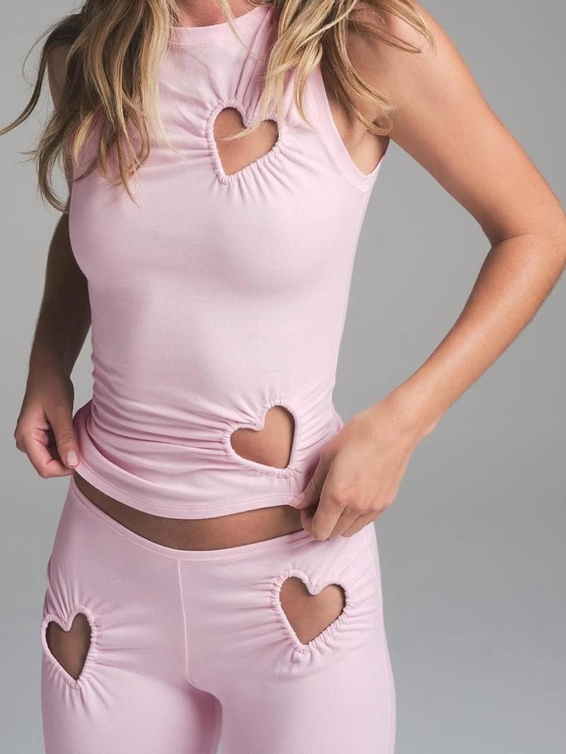 Two-piece Set, Casual Lounge Set Women's Heart Shaped Hollow Out Tank Top & Pants, Casual Cozy Breathable Slim Clothing Set for Daily Outdoor Wear, Ladies Clothes for Spring & Fall, Vacation Sets, Summer Outfits Set