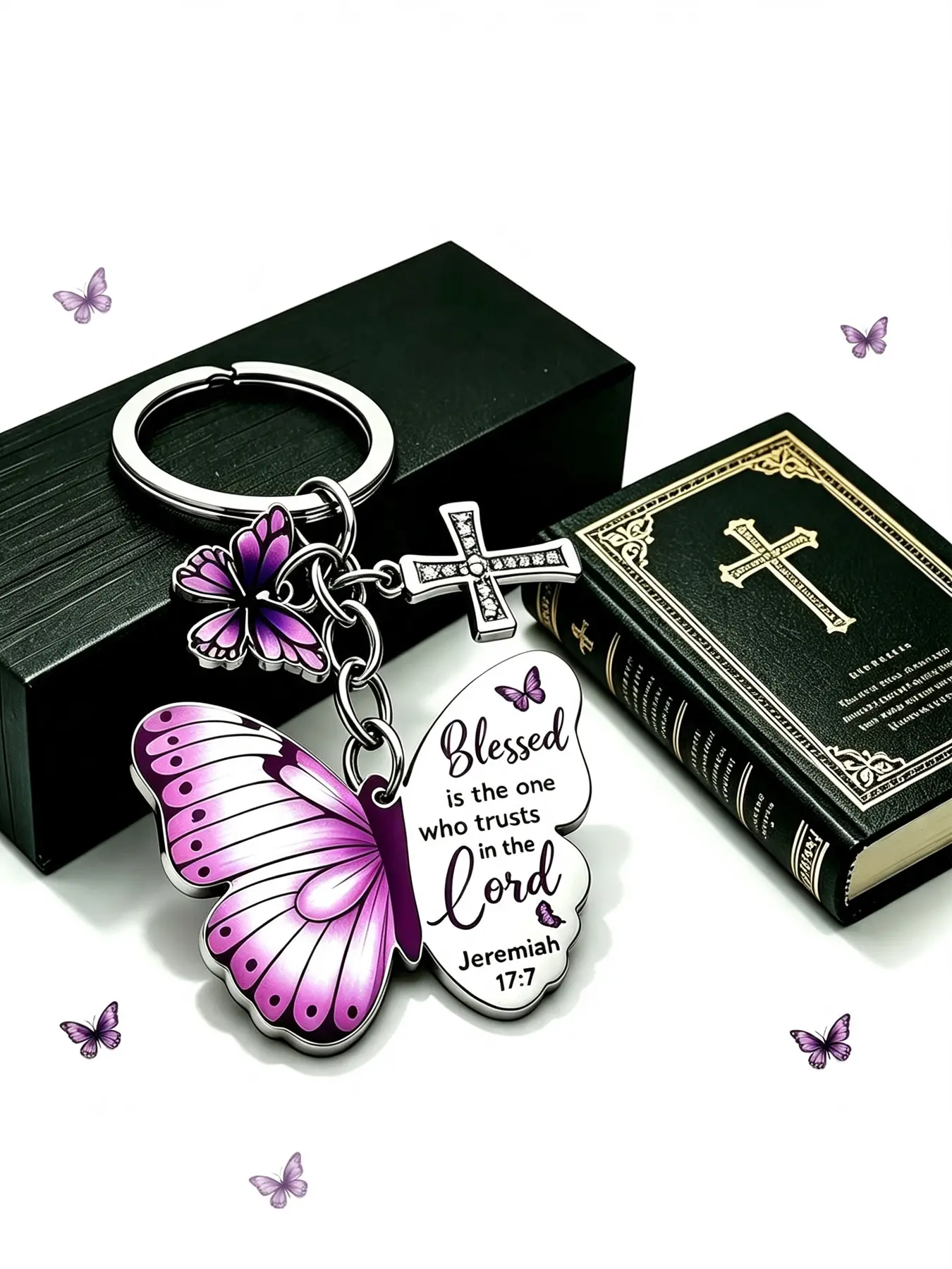 Purple Butterfly Christian Keychain, Jeremiah 17:7 Bible Verse Cross Charm, Religious Inspirational Faith Keyring, Stainless Steel Purse Charm, Spiritual Christian Gifts for Women
